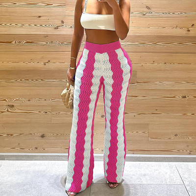 Fashionable Wavy Pattern Color-blocked Knitted High-waisted Wide-leg Casual Pants