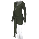 Autumn Fashionable V-neck Ribbon Solid Color Long-sleeved Slim Bag Hip Dress