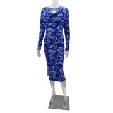 Long-sleeve Printed Elegant High Waist Side Slit Slim Fit Women's Dress