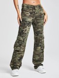 Stylish Camouflage High Waisted Loose Jeans with Multiple Pockets