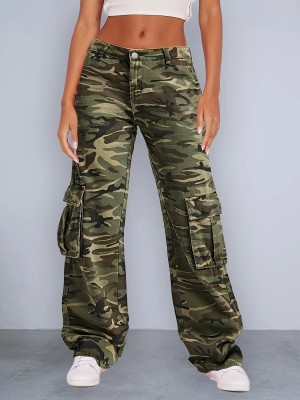 Stylish Camouflage High Waisted Loose Jeans with Multiple Pockets