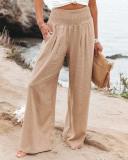 Cotton And Linen Solid Color Elastic Waist Wide Leg Casual Trousers