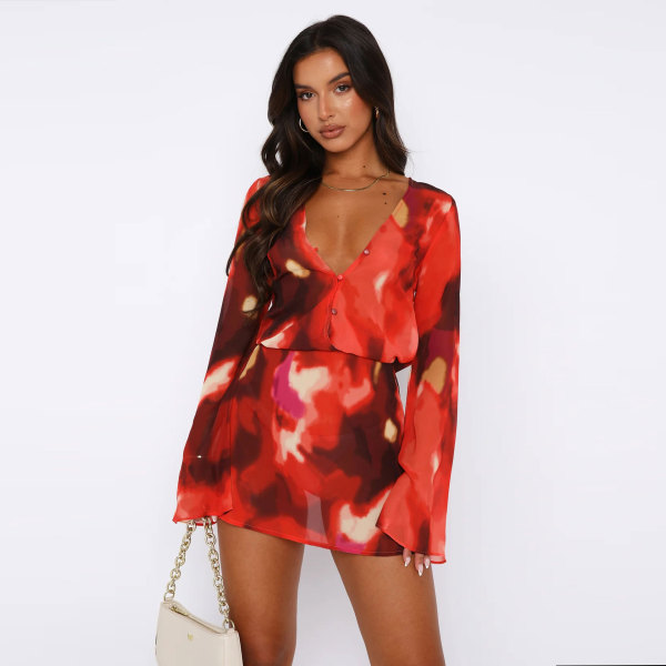 Sexy Printed V-neck Long-sleeved Dress