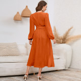 Solid Color V-neck Long-sleeved Jacquard Dress