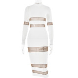 Spliced See-through Sexy Round Neck Long-sleeved Dress