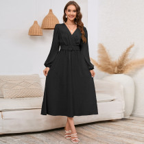 Solid Color V-neck Long-sleeved Jacquard Dress