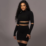 Spliced See-through Sexy Round Neck Long-sleeved Dress