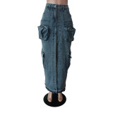 Fashionable Three-dimensional Pocket Slit Stretch Denim Skirt
