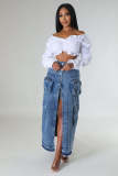 New Fashionable High Waist Slit Versatile Denim Skirt