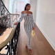 One-line Neckline Hollow Ripple Print Dress