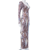 New Printed U-neck Long-sleeved Lace-up Fashion Dress