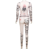 Sexy Mesh Printed Tight Long-sleeved Top And High-waisted Trousers Suit