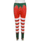 Stylish Printed Contrast Color High Waist Skinny Christmas Casual Pants