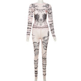 Sexy Mesh Printed Tight Long-sleeved Top And High-waisted Trousers Suit