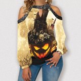 Halloween Print Off-the-shoulder Long-sleeved T-shirt