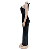 Fashion Women's Solid Color Mesh Suspender Slit Dress