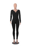 Buttoned Half Open Collar Hot Girl Slim Fit Knitted Ribbed Long Sleeve Jumpsuit