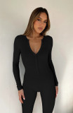 Buttoned Half Open Collar Hot Girl Slim Fit Knitted Ribbed Long Sleeve Jumpsuit