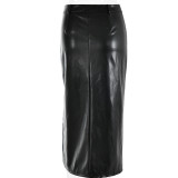 Sexy Leather Patchwork High Slit Hip-hugging Midi Skirt