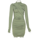 Fashionable Pleated Round Neck Long Sleeve Slim Fit Bag Hip Dress