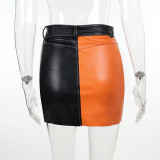 Sexy Zipper Contrast Hip-hugging Leather Skirt