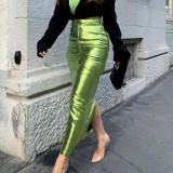 Fashion Slim Fit Hip-hugging Spliced ​​Slit PU Skirt