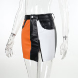 Sexy Zipper Contrast Hip-hugging Leather Skirt