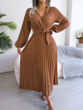 Autumn And Winter Temperament Crossover V-neck Pleated Dress With Large Hem