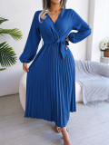 Autumn And Winter Temperament Crossover V-neck Pleated Dress With Large Hem