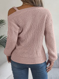 Autumn And Winter Casual Metal Buckle Spliced Off-shoulder Lantern Sleeve Sweater