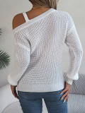 Autumn And Winter Casual Metal Buckle Spliced Off-shoulder Lantern Sleeve Sweater