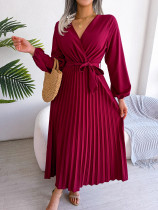 Autumn And Winter Temperament Crossover V-neck Pleated Dress With Large Hem
