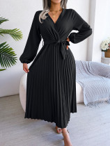 Autumn And Winter Temperament Crossover V-neck Pleated Dress With Large Hem