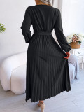 Autumn And Winter Temperament Crossover V-neck Pleated Dress With Large Hem