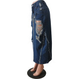 Ripped Washed Slit Sexy Denim Skirt