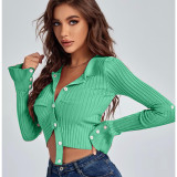 Sexy Solid Color Lapel Button Long Sleeve Top