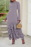 Solid Color Multi-layered Ruffled Long Sleeve Bag Hip Dress