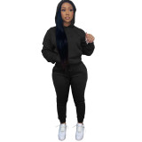 Autumn And Winter Solid Color Hooded Casual Sweatshirt Two-piece Set
