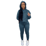 Autumn And Winter Solid Color Hooded Casual Sweatshirt Two-piece Set