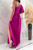 Solid Color Ruffled Off-shoulder Hem Slit Dress