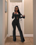 Fashionable Casual Slit Sleeve Tight Flare Pants Two Piece Set