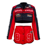 Retro Motorcycle Jacket, Hot Girl Style Printed Baseball Uniform Suit
