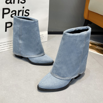 Stylish Denim Thick Heel Pointed Toe Martin Boots