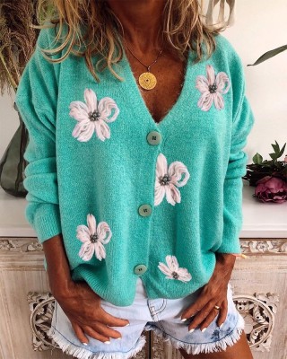 Fashionable Cardigan Embroidered V-neck Knitted Sweater