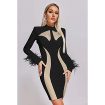 Fashion Women's Solid Color Mesh Long Sleeve Feather Dress