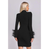 Fashion Women's Solid Color Mesh Long Sleeve Feather Dress