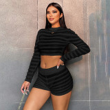 Sexy Knitted See-through Top High Waist Bag And Hip Shorts Two-piece Set