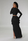 U-neck Tight Top High-waisted Slit Bag Hip Skirt Two-piece Set