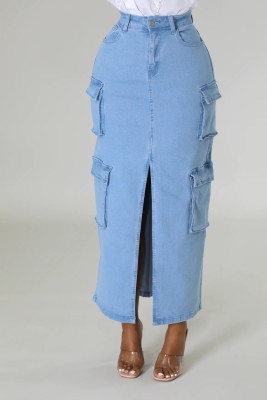 Slit Multi-pocket Washed Stretch Denim Skirt