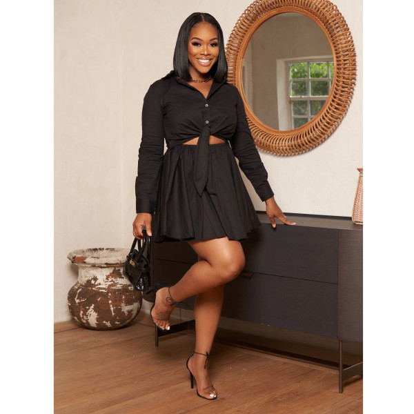 Solid Button Long Sleeve Shirt Dress